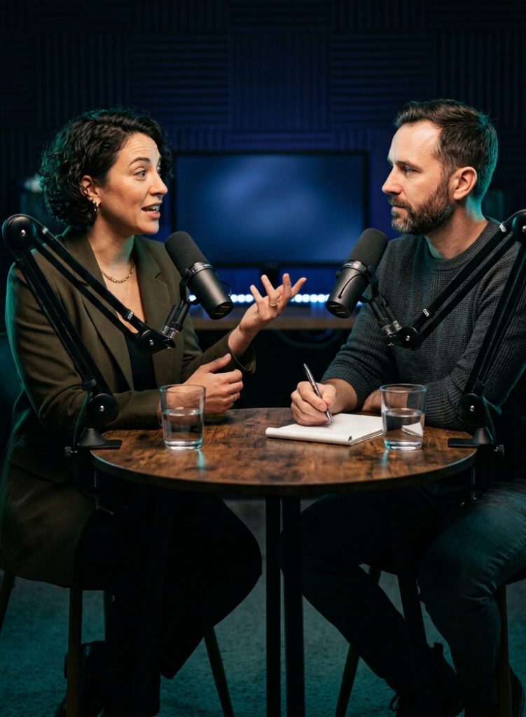 Image of a man and a woman recording a podcast using Layer Eight Marketing Podcasting Services